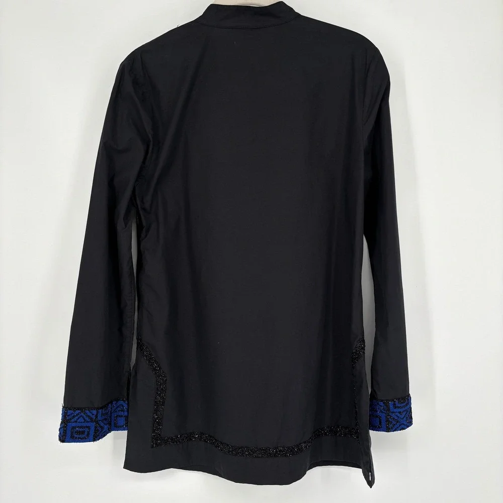 Tory Burch Cotton Tunic‎ Blue Black Embroidered Beaded Boho Top Size 6
